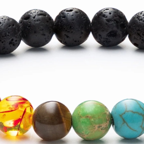 7 Chakra-Healing Stones with Lava Rock Gemstone Round Bead Stretchable Bracelet - Picture 3 of 4